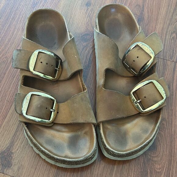 Birkenstock Arizona big buckle sandals, size 40 tan with gold buckle - Picture 1 of 7